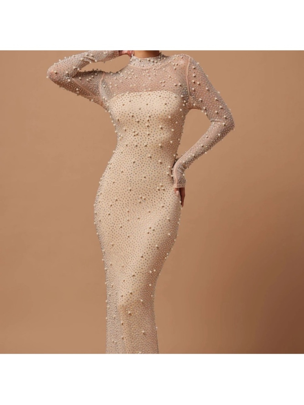 Fashion Nova Pearl-Embellished Nude Sheer Maxi Gown